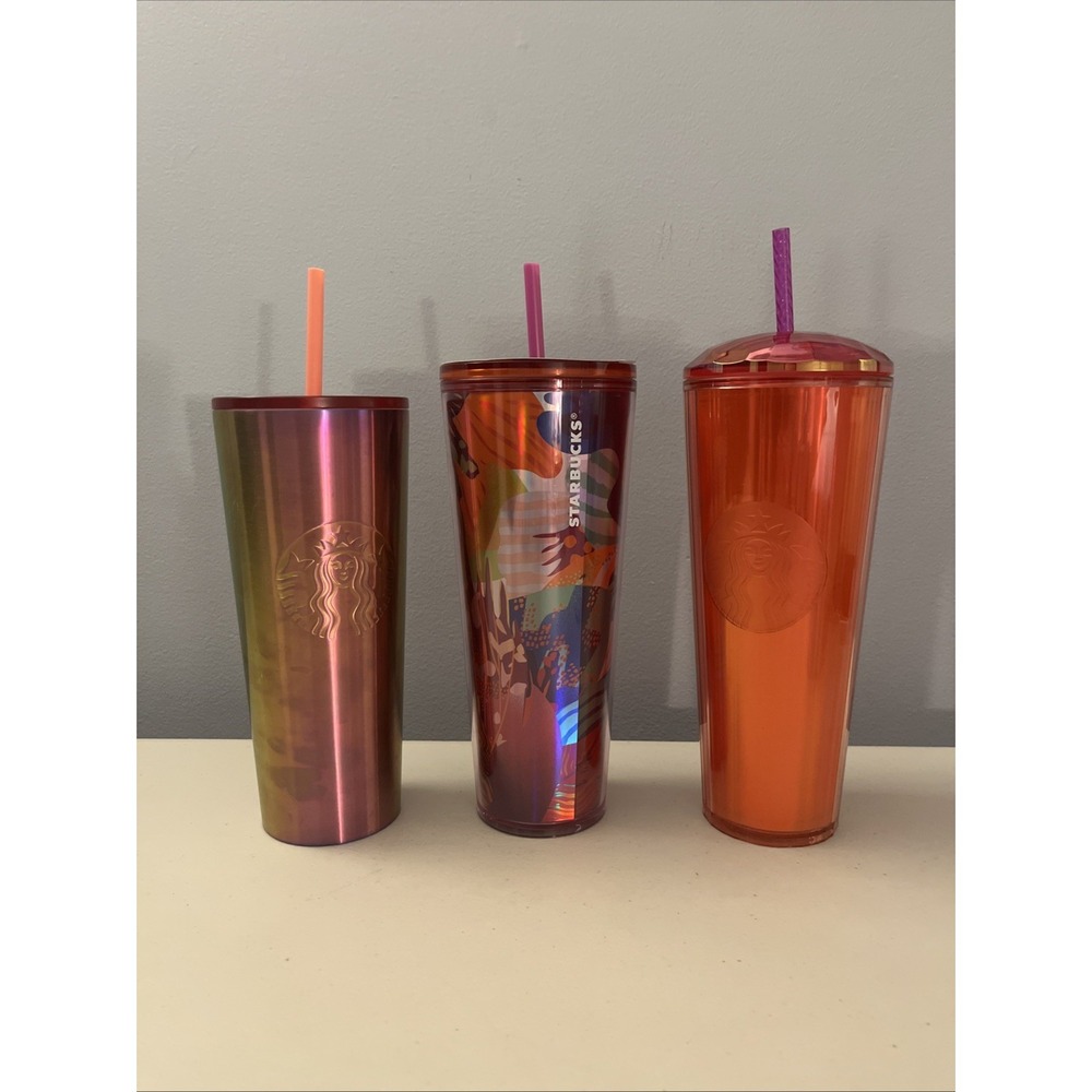 Lot of 3 Starbucks 24oz Venti‎ Tumbler Cups With Lids And Straws Metal, Plastic